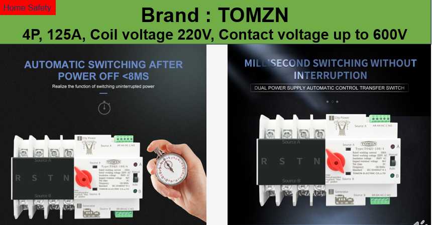 Automatic Transfer Switch / Changeover ,4P, 125A, 3 Phase, 4 Pole, ATS Dual Power. 