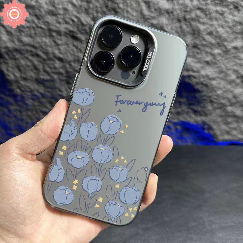 Fashion Art Love Heart Tulip Flowers English Letter Phone Case Compatible for IPhone 15 13 12 14 Pro Max 11 Pro Max X XR XS Max Luxury Plating Metal Button Soft Shockproof Cover