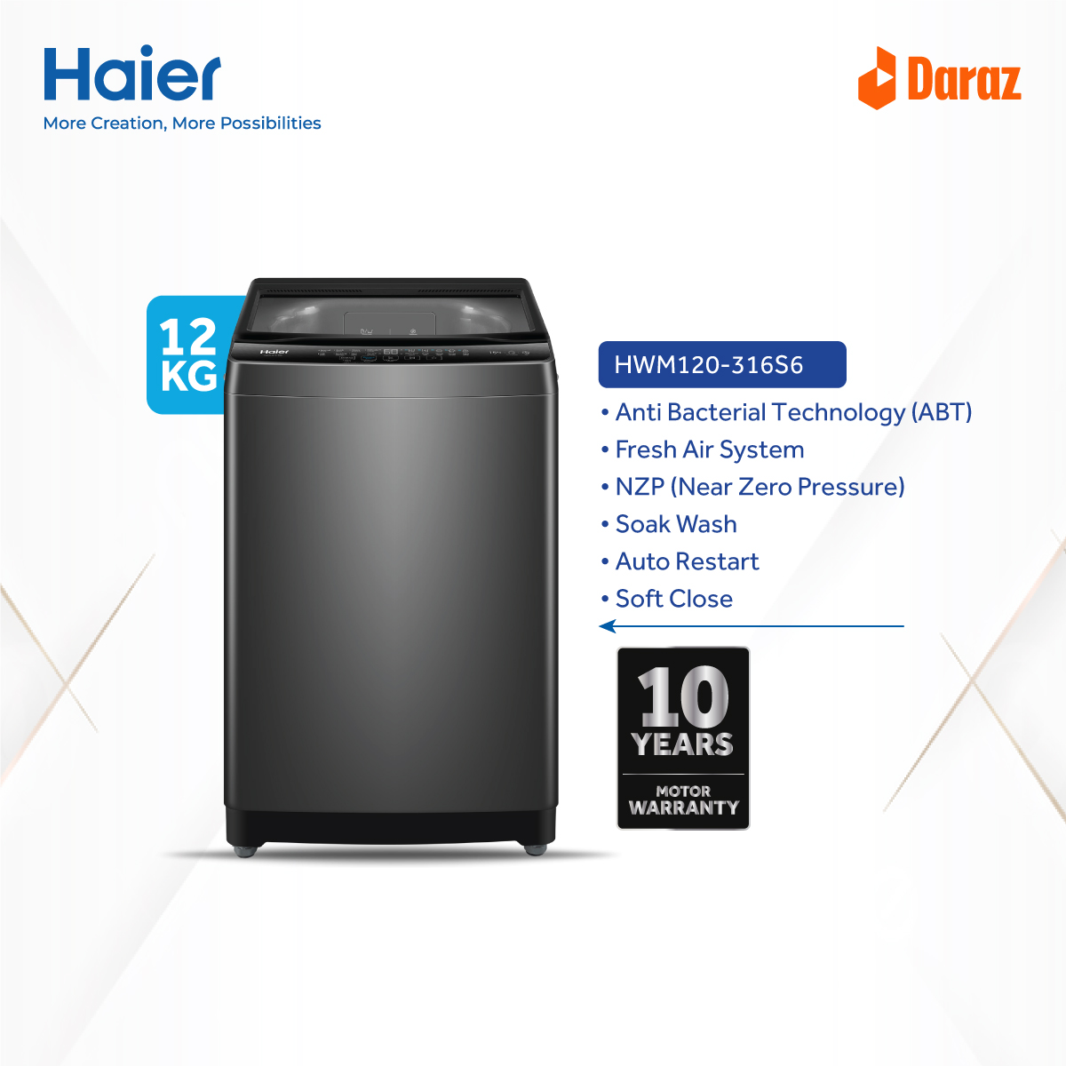 Haier 12 KG Top Loading Washing Machine/air dry/fresh air system/near zero water pressure/NZP (HWM120-316S6). 