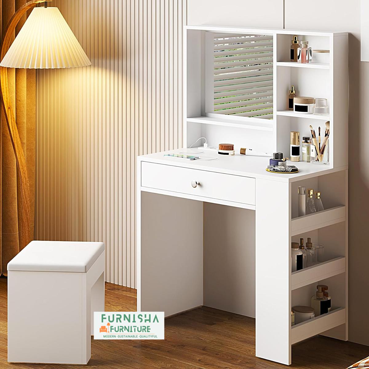 Vanity Table Set with Power Outlet, Makeup Vanity Desk with Stool & Mirror,23.6 inch Small White Vanity Table with Drawer and Shelves for Girls 50/36''. 