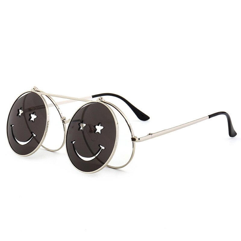 【happy one】C5Creative Flip-top Steampunk Sunglasses Women Men Shades Smiley Eyewear Fashion Showing Glasses Gifts. 