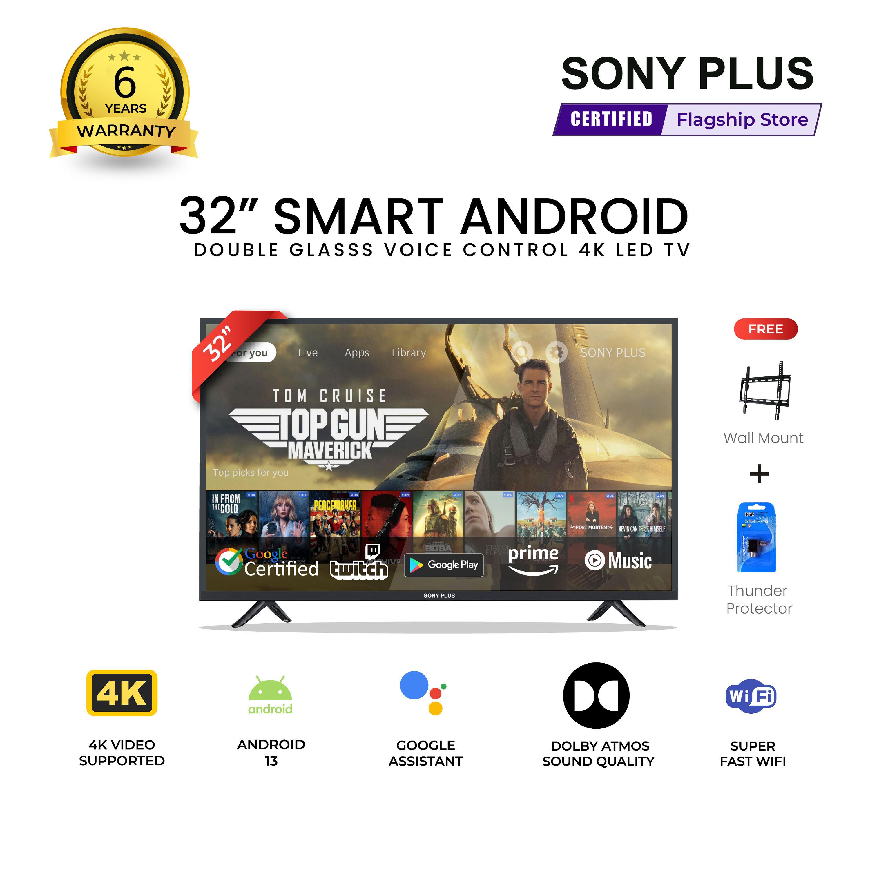 Sony Plus 32 inch Double Glass Voice Control Smart LED TV Wi-Fi Full HD 4K Supported Android Television