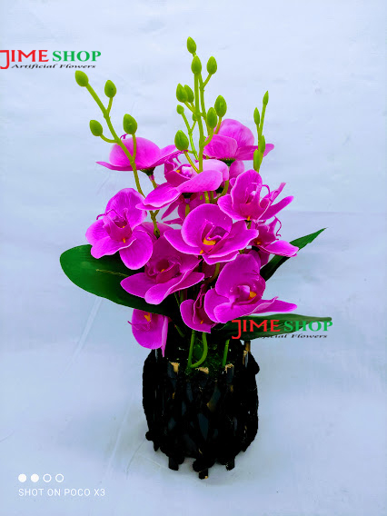 Artificial Purple Orchid Flower & plant (32cm) in Bamboo pot for Decoration - Home Decoration Item - Home Decoration Item