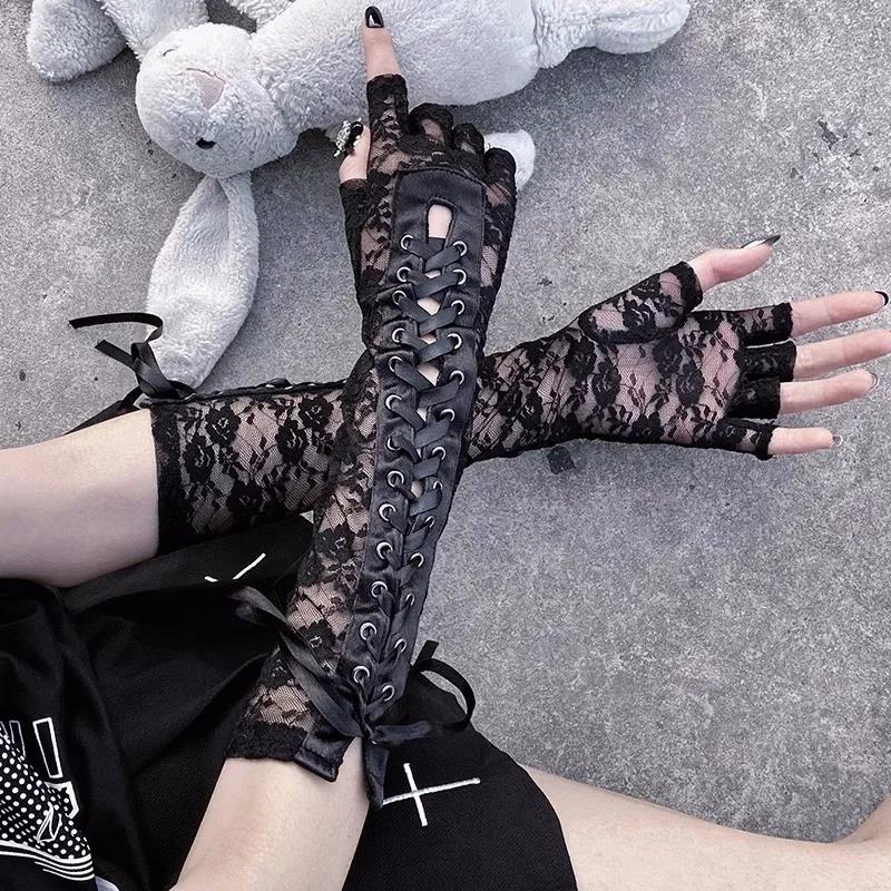 Subculture Gothic Lolita Bandage Elbow Length Half-Finger Gloves Women Floral Lace Black Fishnet Mittens Cosplay Long Glove