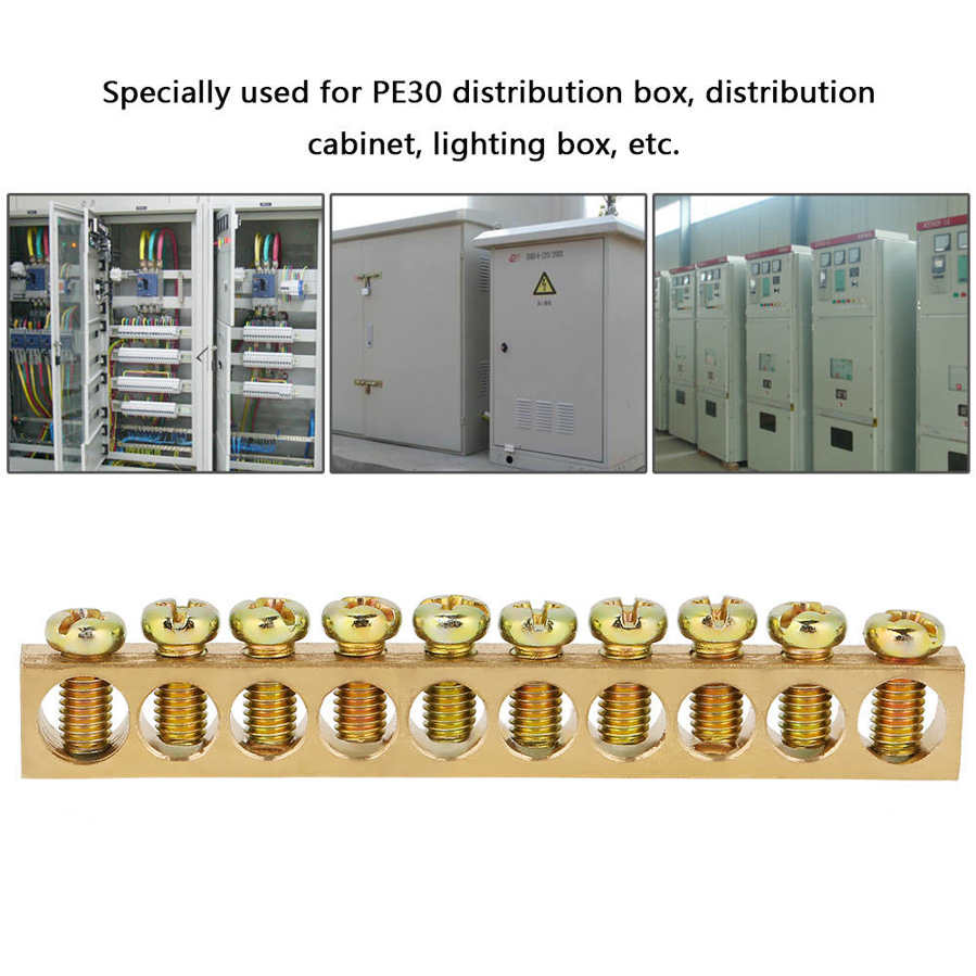 Neutral Bar 10pcs 10-Hole Electrical Distribution Wire Screw Terminal Brass Ground. 