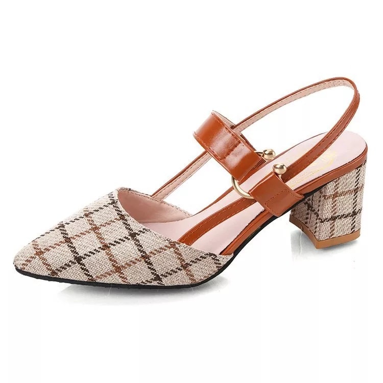 Women's shoes new fashion Gladiator Buckle Strap Cover pointed plaid decorative high-heeled shoes soft soles comfortable covered head non-slip sandals