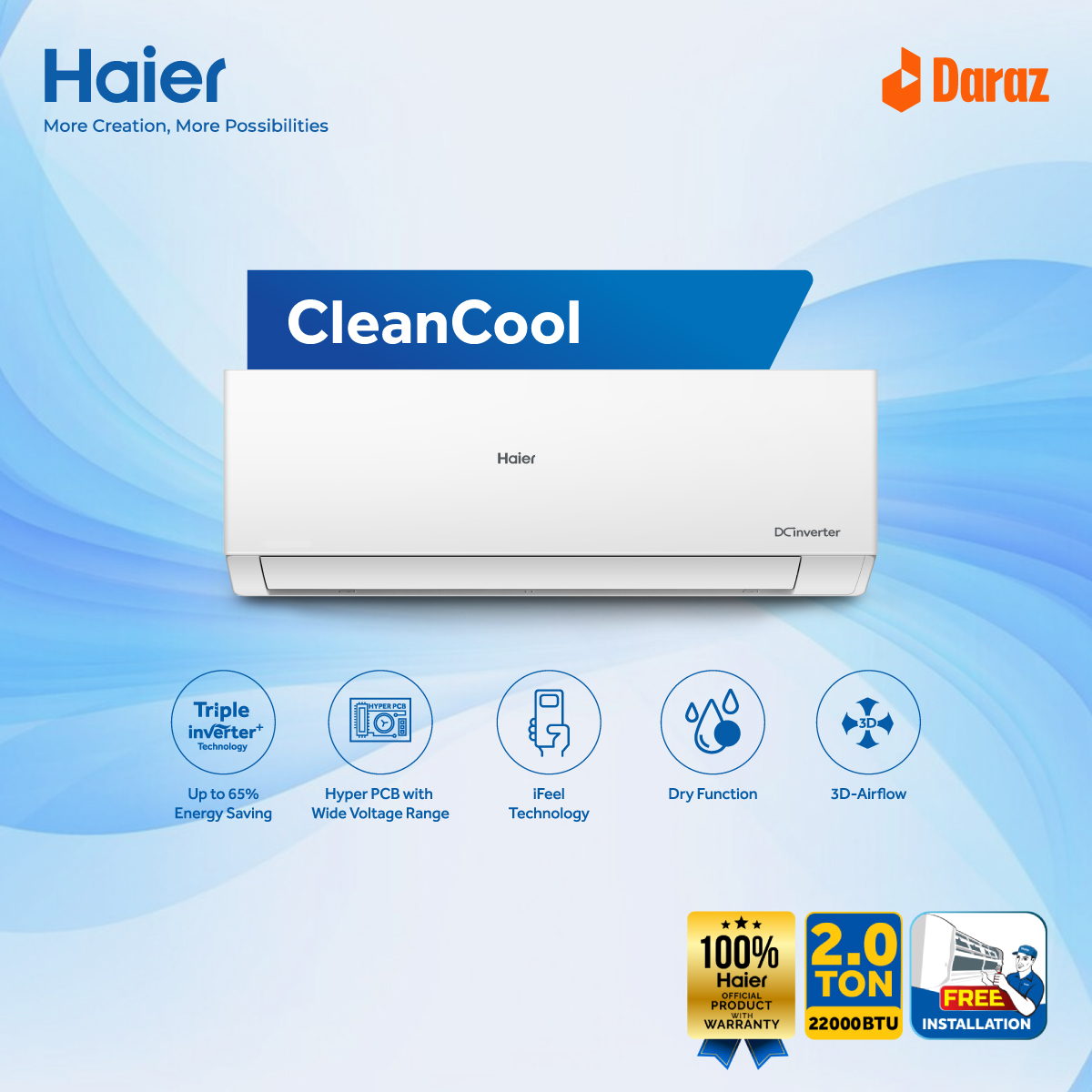Haier 2 Ton CleanCool Inverter AC [HSU-24CleanCool:(INV)(3DF)(QA)]