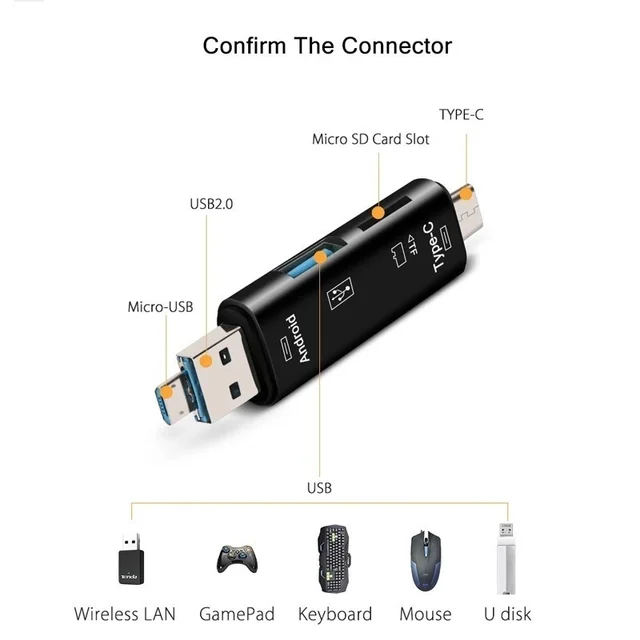 5 in 1 Type C/Usb /Micro Usb/Tf/SD Memory Card Reader OTG Card Reader. 