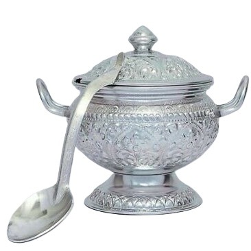silver color Rice Bowl & Ladle Spoon Thai Pattern Rice Container Aluminum Curry Serving