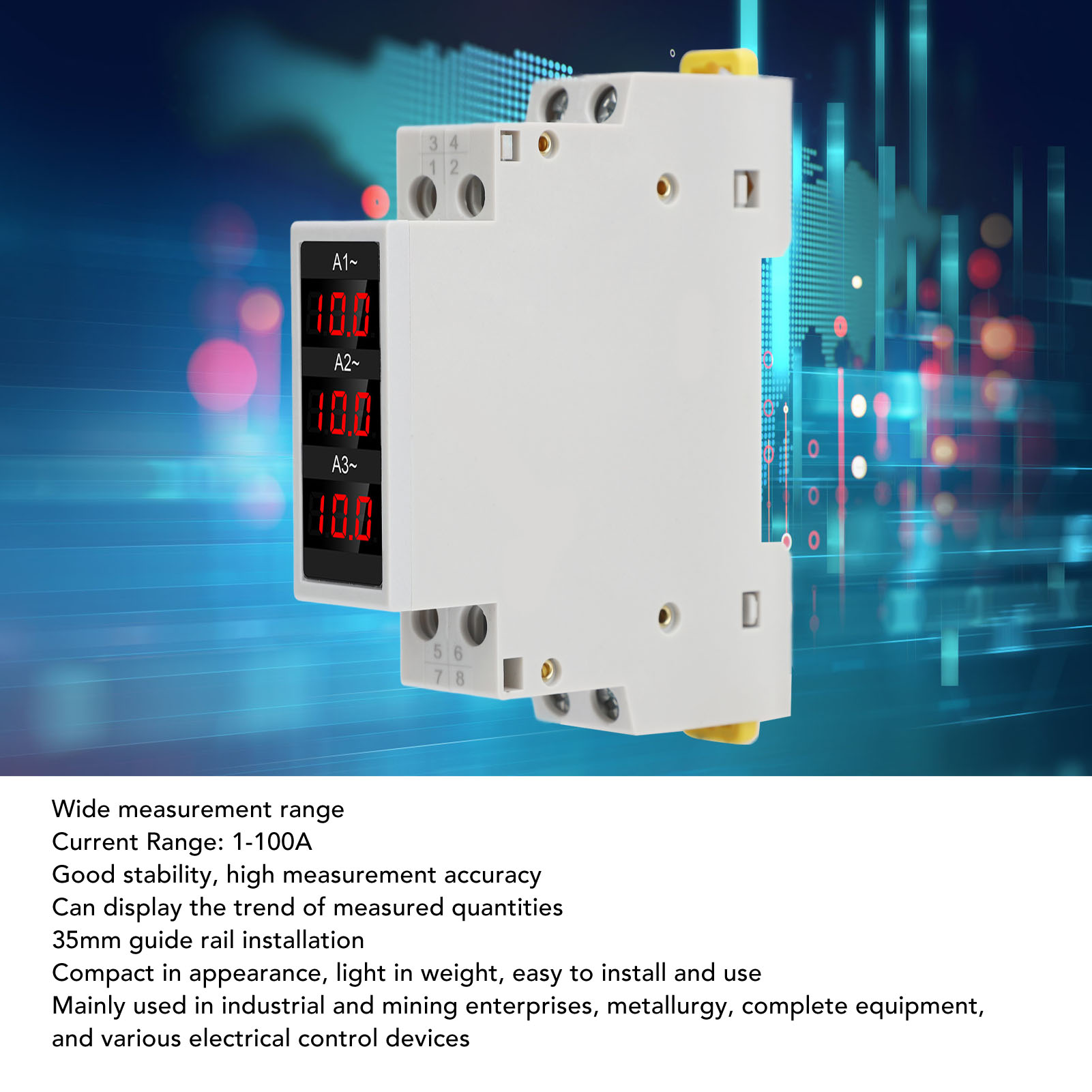 3 Phase DIN Rail Ammeter LED Digital Display High Accuracy Amp Meter with 3 Sensors AC80-500V 1-100A Din Rail Mount. 