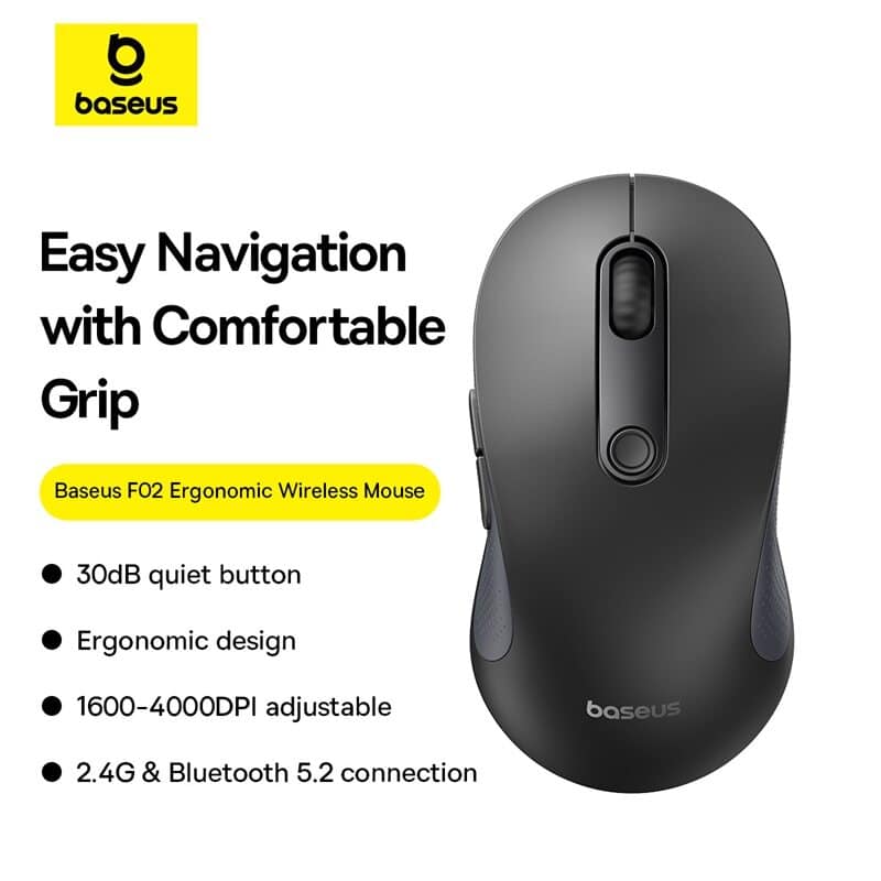 Baseus F02 Ergonomic Wireless Mouse (without Battery) Wireless Mouse Gen 2  Bluetooth 2.4G 4000 DPI Gaming Mouse. 