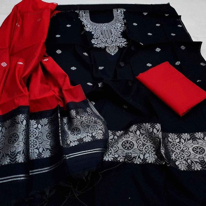 jamdani katan three piece work with silver lace.