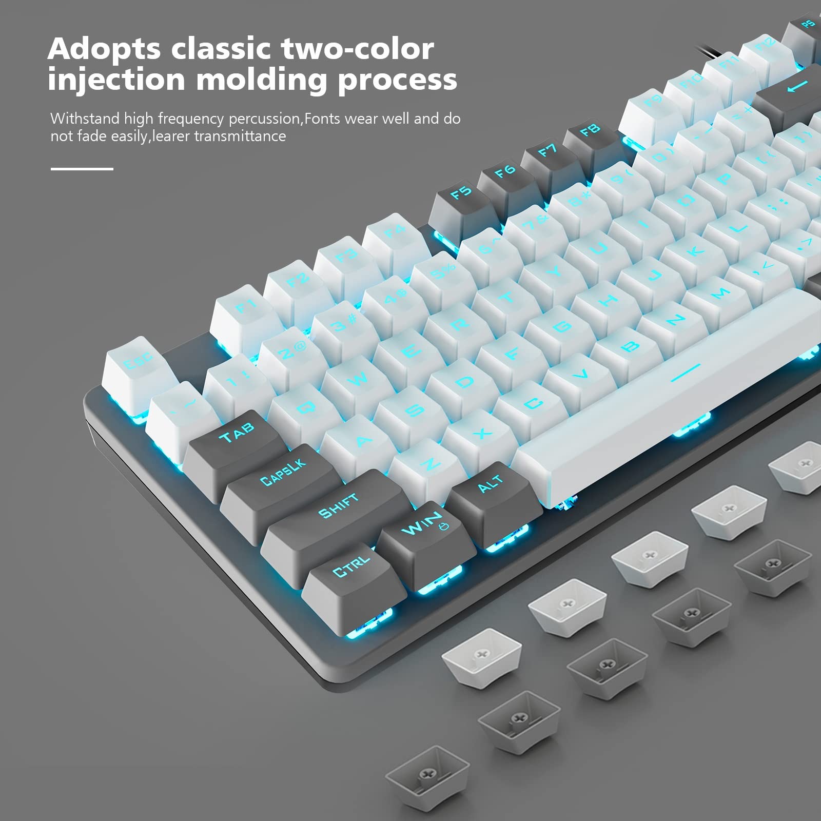 AULA F3287 Wired TKL Rainbow Mechanical Gaming Keyboard, 80% Compact Tenkeyless 87 Keys Layout w/Tactile Blue Switches, White & Grey Mixed-Color Keycaps, Programmable Macro Keys. 