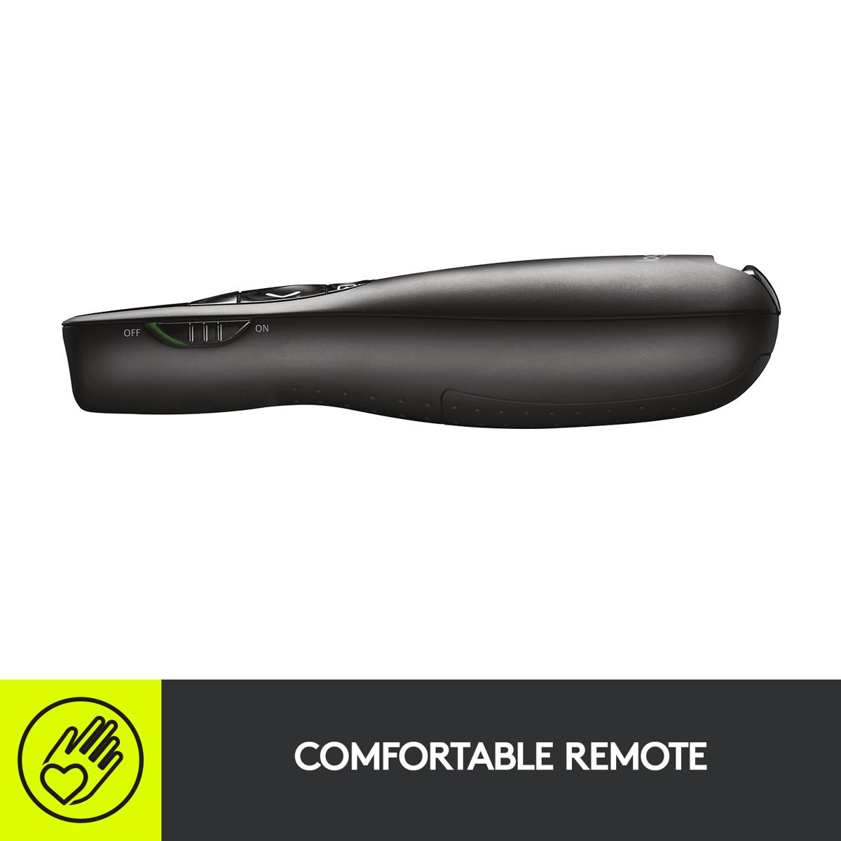 Logitech R400 Wireless Presentation Remote, 2.4 GHz, USB-Receiver, Red Laser Pointer, 15-Meter Operating Range, 6 Buttons, Intuitive Slideshow Control, Battery Indicator, PC - Black