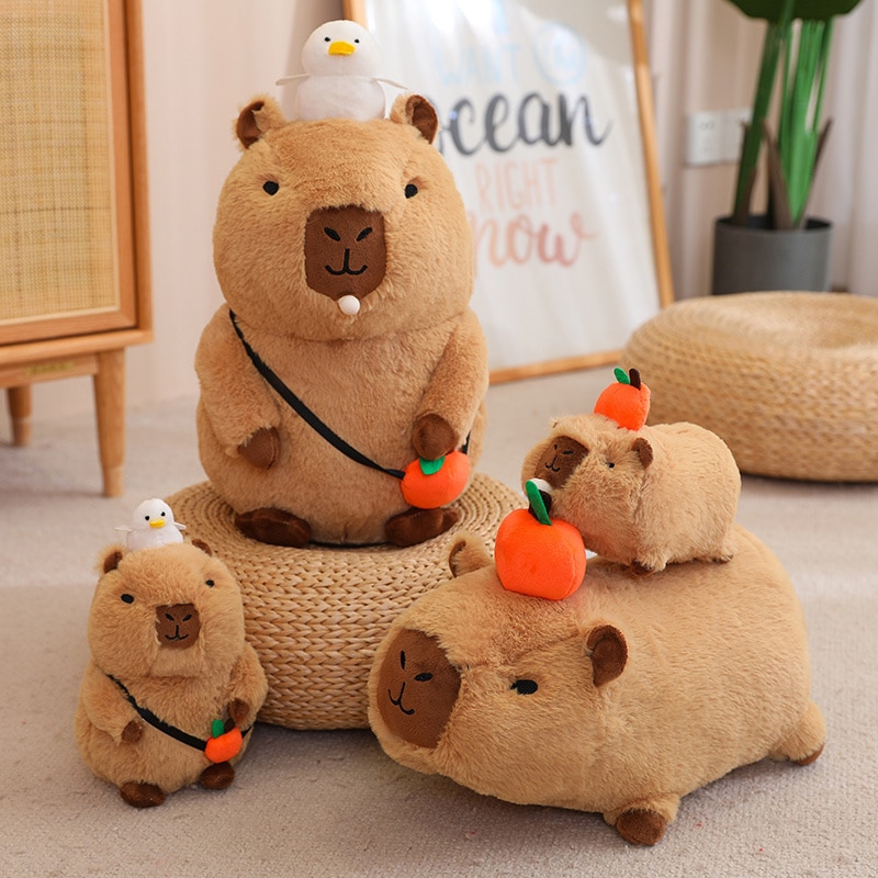 Strawberry Hat Capybara Plush Toy Simulation Turtle Backpack Capibara Stuffed Animals Papa Hand Circle Ring Small size Pendant. 