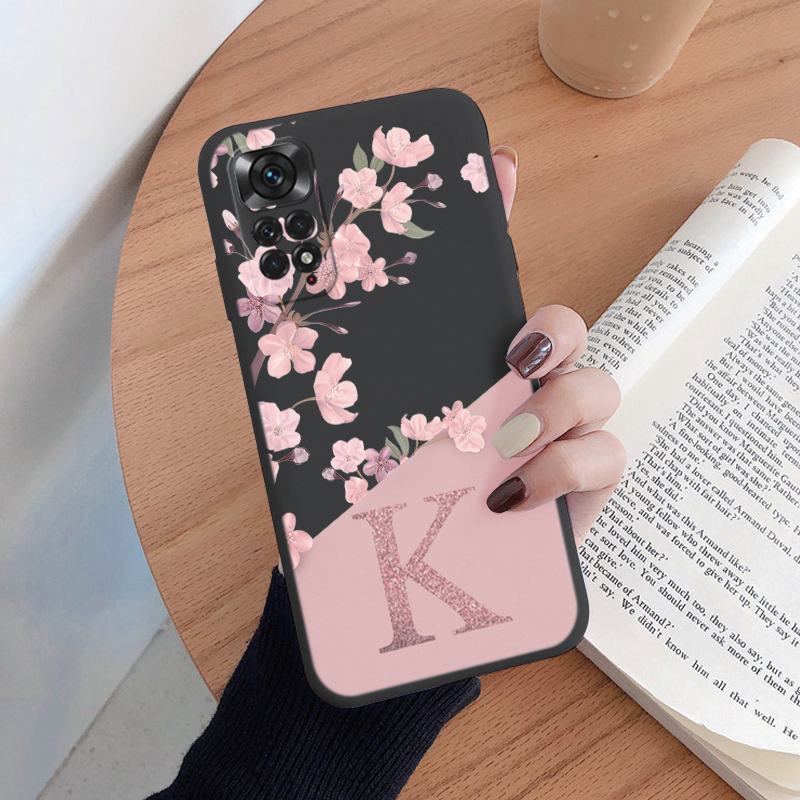 For Redmi Note 11 11S 4G Phone Case Pink Flowers Initial Letterhappy A To Z Silicone Soft Back Cover For Redmi Note11 Alphabet Coque