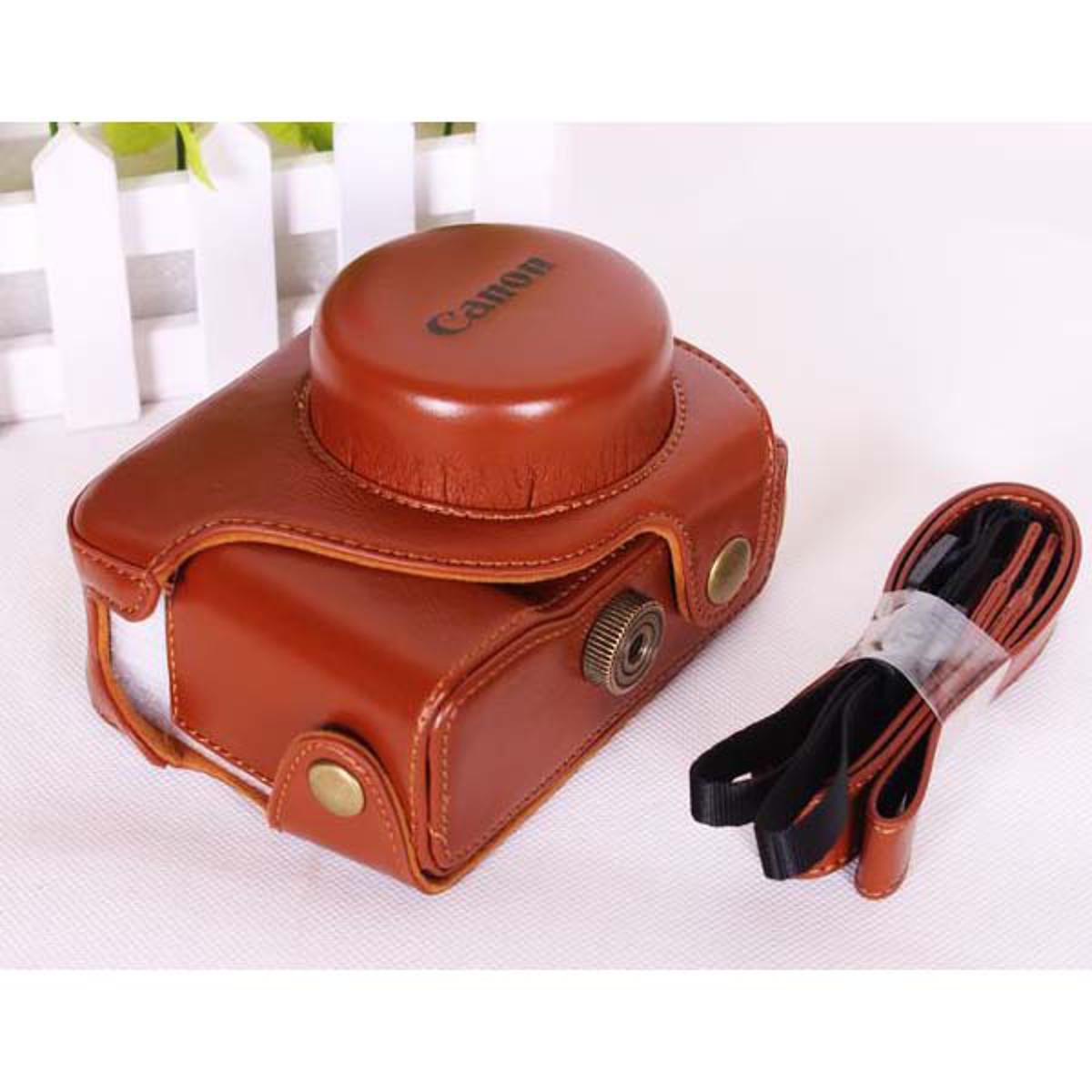 Leather Camera Cover Case Bag For Canon Mobiles G1X Camera Shoulder Strap - Brown
