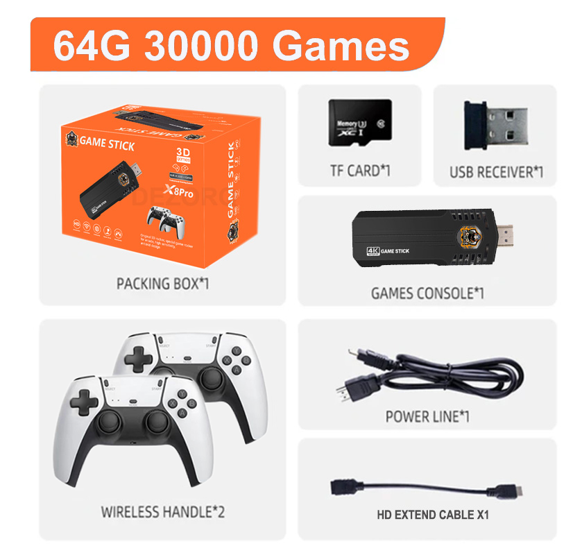 X8 Pro TV Game Console Gamestick 4K 30000 Games Emuelec System 40+ Emulator for PSP N64 Video Game Consola Wireless Gamepads. 