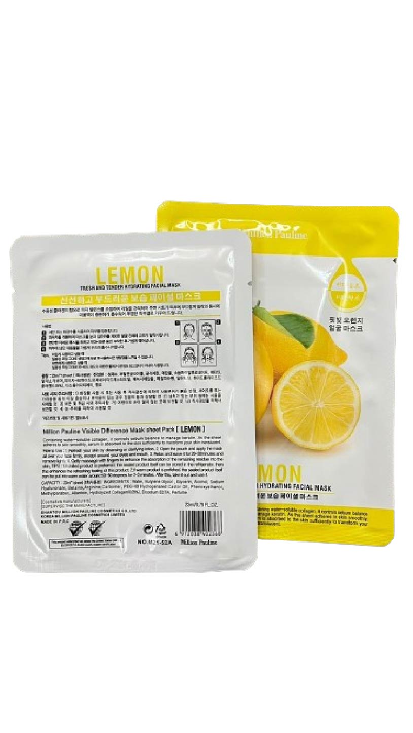 Million Pauline Lemon Fresh & Tender Hydrating Facial Sheet Mask  from Dubai with Moisturizing Formula, 100% Authentic and safe on Skin for All ( Men & Women)- 25ml / 0.78 fl oz. 