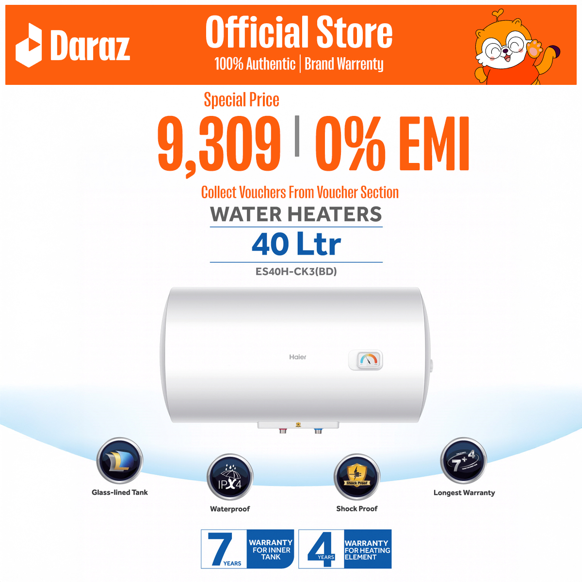 Haier 40 Liters Water Heater/Geyser (Horizontal) (ES40H-CK3(BD))