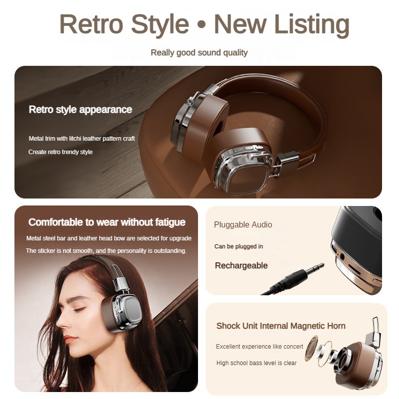 Control Type C Retro Headset Touch 5.3 Wireless Stereo Bluetooth dio DJ Headset Stu Classic Over-Ear CR-82024 New Headset. 