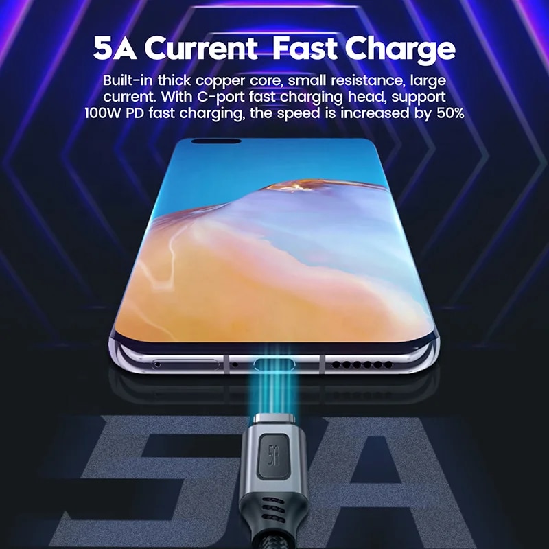 Fast Charging Cable PD Charger 20V/5A Double-Head Nylon Braided Type C Data Cable 100W Chip Compatible for Most USB-C Devices. 