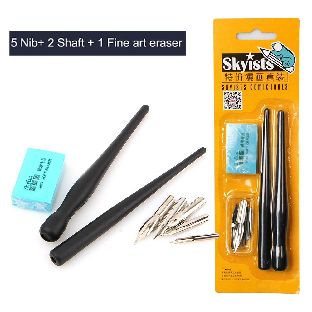 Cartoon Manga Pen Set Anime Calligraphy Drawing Tool Tip Drawing Art Eraser Stationery 5 Nib + 2 Holder + 1 Eraser Random Color. 