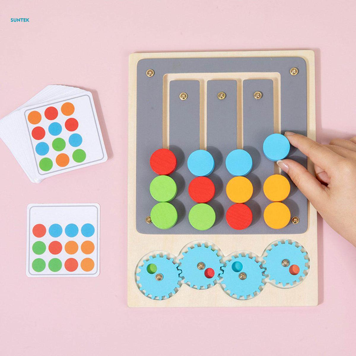 Wooden Sliding Four Color Puzzle Wooden Toy Logical Game Development Toy Memory Game Fun Montessori Color Matching Game for Gifts Ages 3+