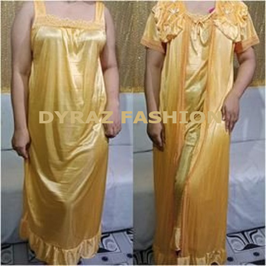 Fashionable Three Part Satin Solid Women Nighty Set Night Dress for Comfortable Women -Maxi