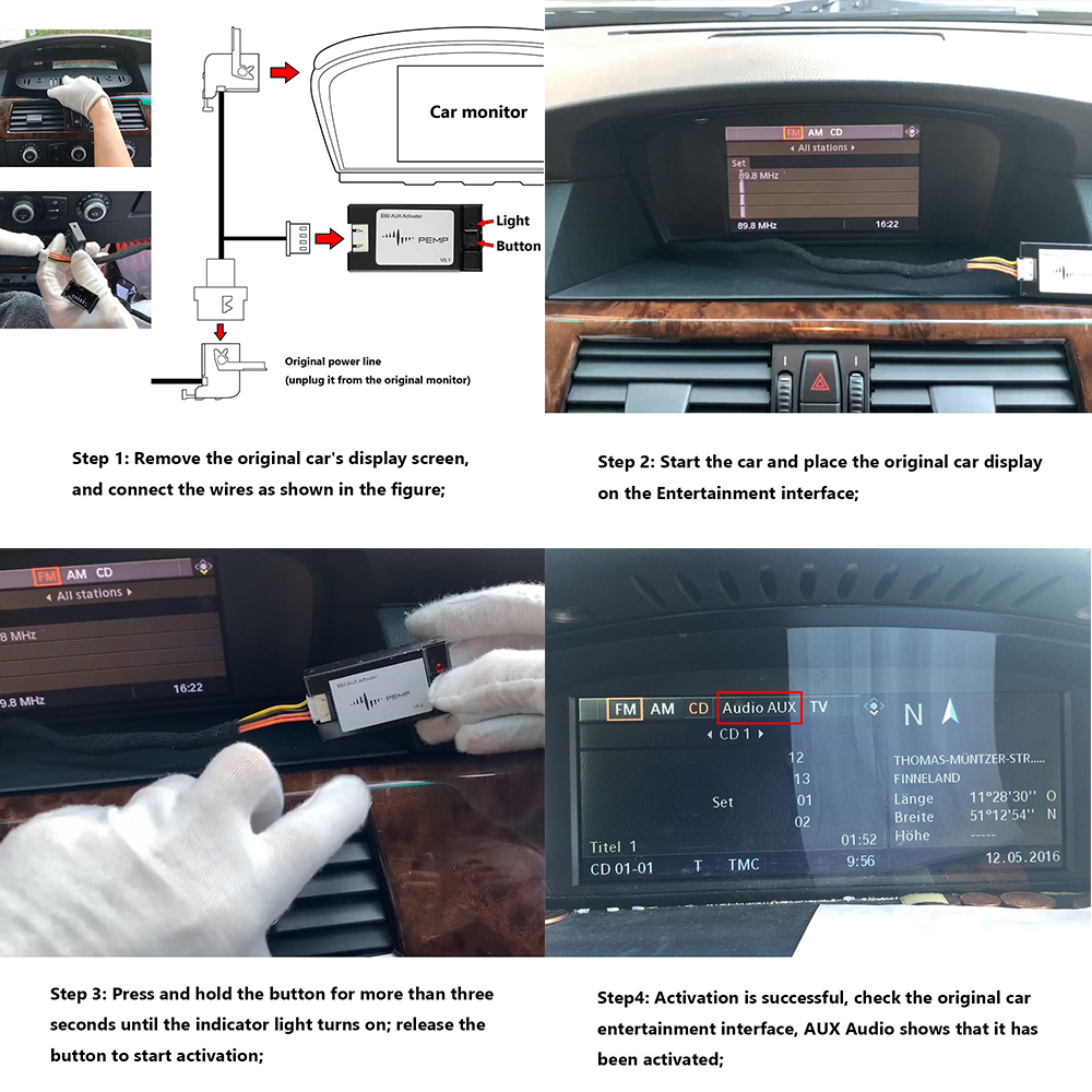 PEMP E60 Aux Activator Car Radio Aux Adapter for BMW 5 Series E60 E61 E63 E64 Open Aux Audio of Original install android Screen. 