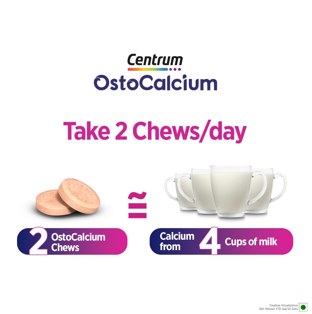 Centrum OstoCalcium Total Chewables (30s) | Vitamin D & Calcium (Veg) to support Strong Bones, Joints & Muscles. 