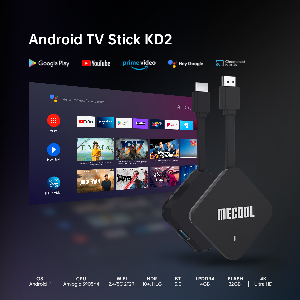Mecool KD2 android tv stick Amlogic S905Y4 4GB 32GB 4K 2.4G 5G Dual Wifi BT AV1 vs x96s x96 s500 kd3 mini Dongle. 