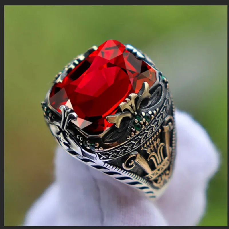 Retro Handmade Turkish Signet Rings for Men Ancient Silver Color Carved Ring Mystic Zircon Inlay New Punk Motor Biker Ring. 