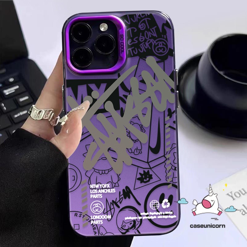 Trendy Cartoon English Cool Smiley Face Graffiti Case Compatible for IPhone 16 15 11 14 12 13 Pro Max XR X 7Plus XS Max 15 8 7 14 Plus SE 2020 Luxury Plated Metal Lens Soft Case. 