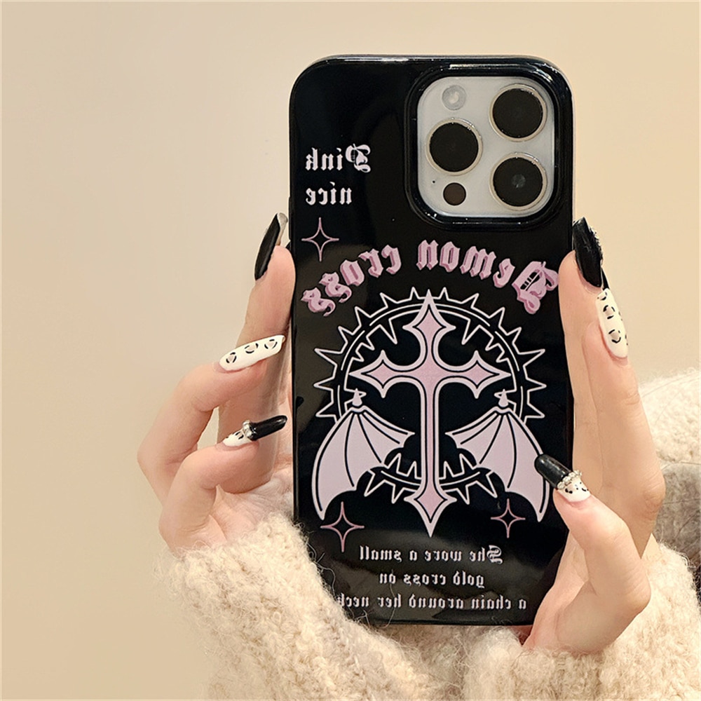 Y2k Korean Cute Pink Wings Case For iPhone 15 14 13 12 11 Pro Max Mini X XR 7 8 Plus SE Glossy Shockproof Soft Black TPU Cover. 