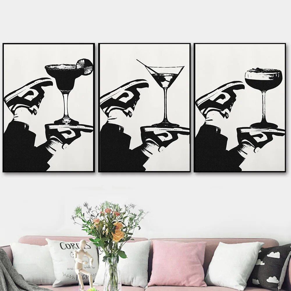Black White Fashion Sneaker Cocktail Martini Margarita Espresso Martini Poster Canvas Painting Print Wall Art Picture Home Decor