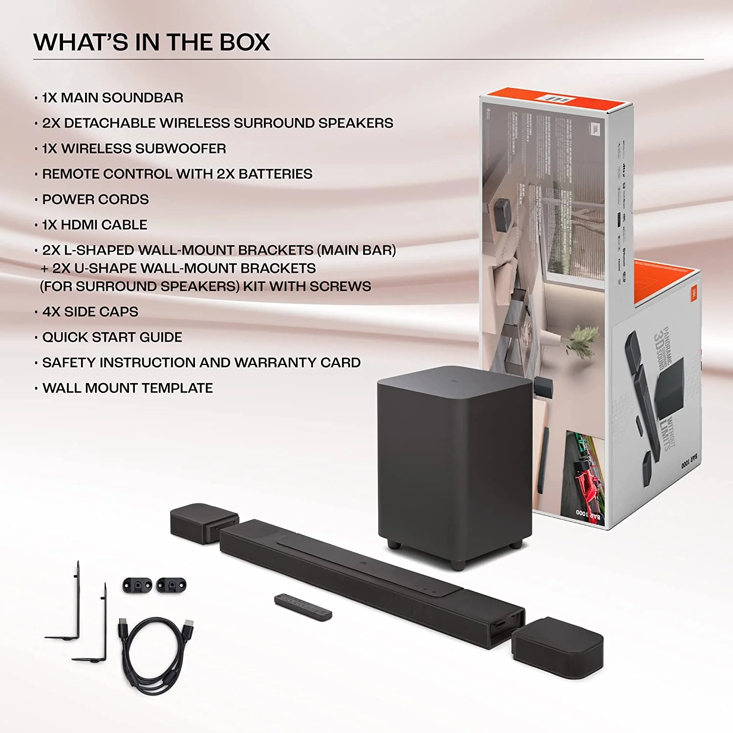 JBL Bar 1000 Pro,True Dolby Atmos,DTS:X,MultiBeam,Wireless Subwoofer,HDMI eARC 880 W Bluetooth Soundbar with Free Delivery. 