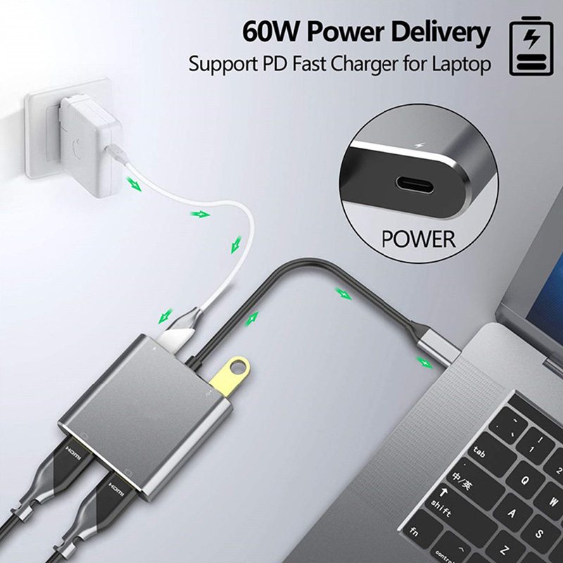 Type C To HDMI USB 3.0 PD 4 in 1 Hub Display Dual Screen USB C HDMI Splitter Audio Video Converter 4k HD For Macbook hot sell. 