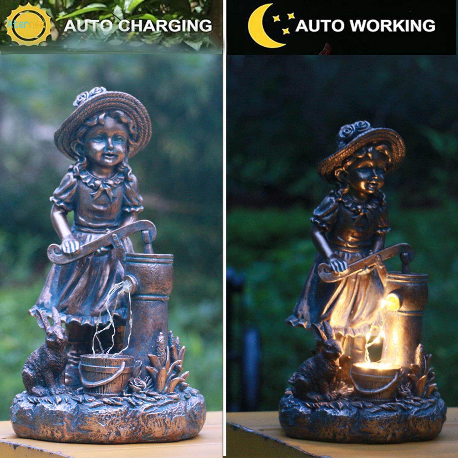 Garden Fetching Statue with Lamp for Outdoor Terrace Multipurpose