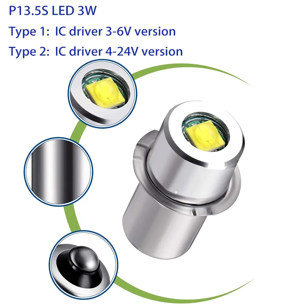 P13.5S Mag Light LED Bulb 3-16 C D Cells Maglite Torch Flashlight LED Converter 3V 4.5V 6V 9V 12V 18V 24V White