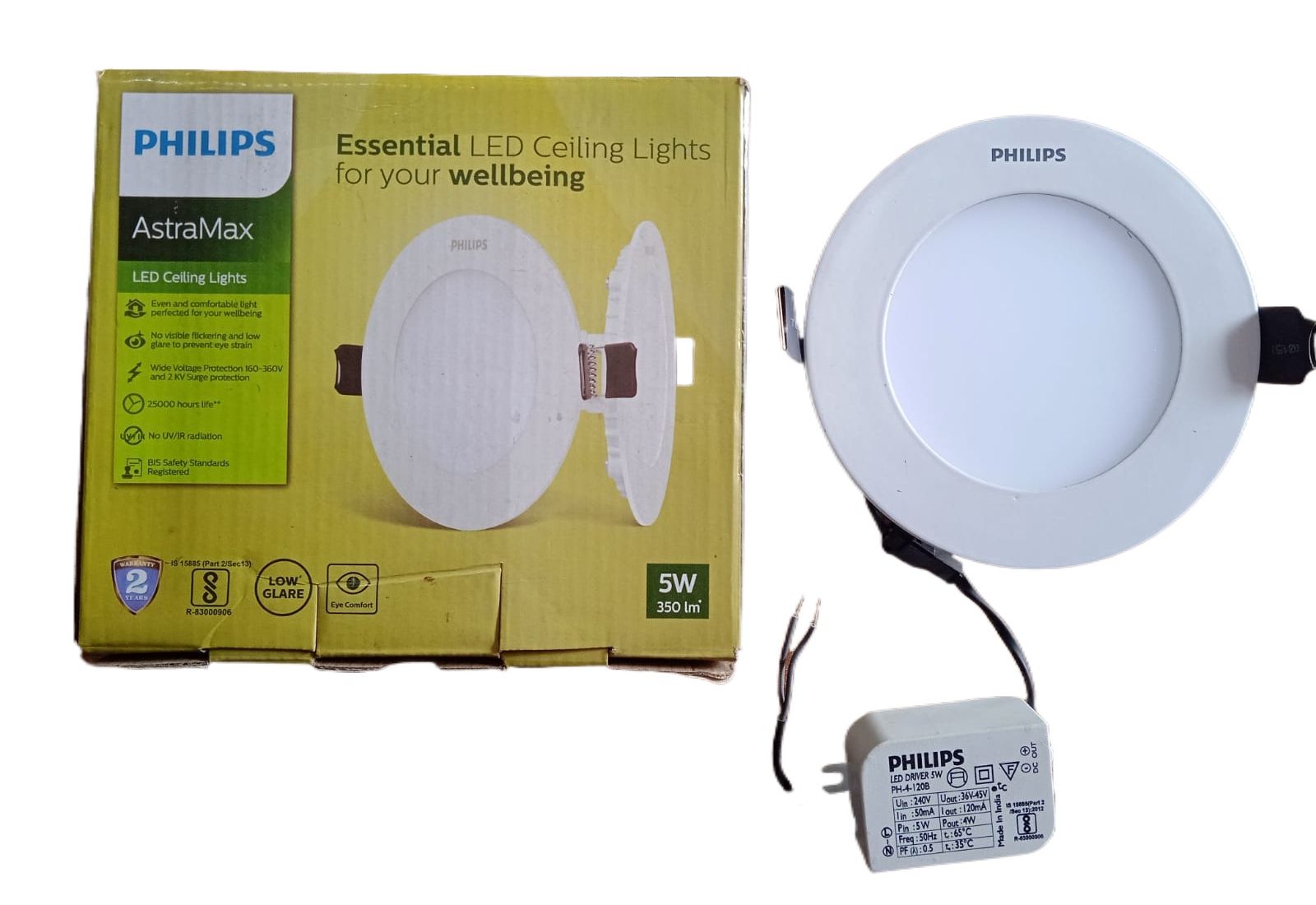 Philips AstraMa 5W LED Ceiling Light /Panel Light White Color 350lm Round Conceal Type 220V AC 50Hz, Made in India