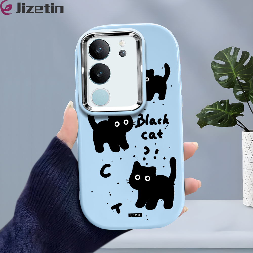 Jizetin for Vivo V29 5G Back Cover Cute Black Kitten Bright Lens Frame Candy Soft Rubber Phone Cases