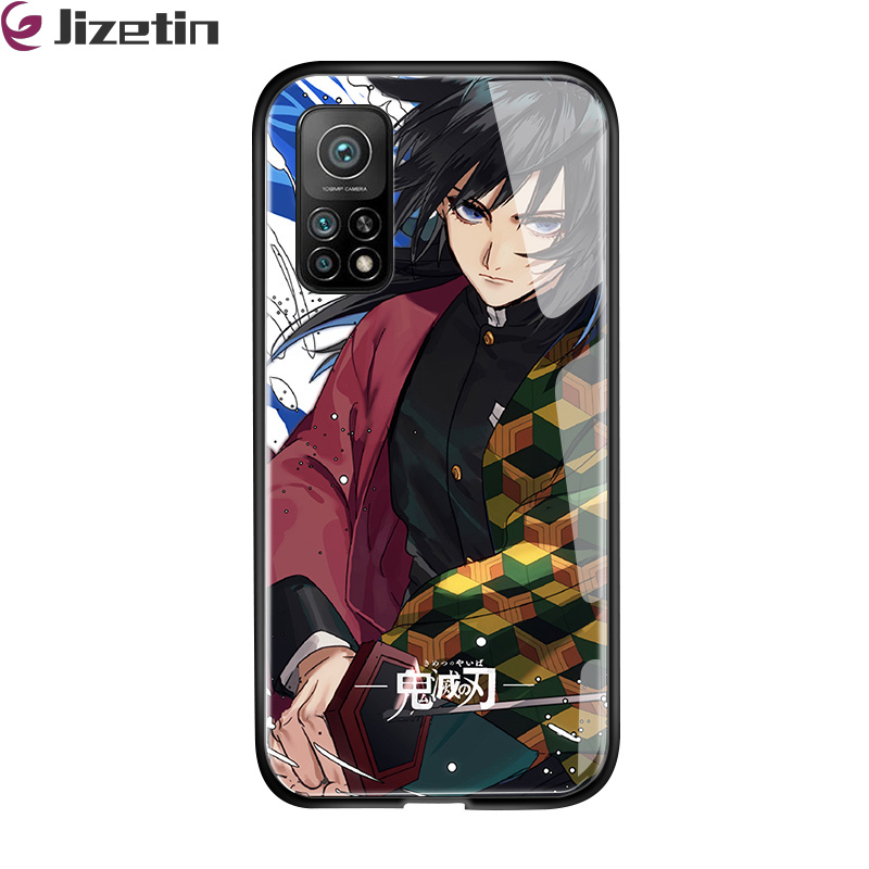 Jizetin for Xiaomi Mi 10T / 10T Pro Glass Back Cover Demon Slayer Glossy Tempered Glass Shockproof Soft Edge Phone Cases