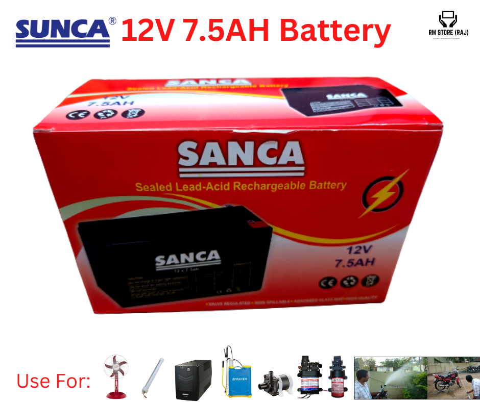 SUNCA 12v 7.5Ah  Battery With Battery Charger - / 12v Battery With Charger / Combo Pack. 