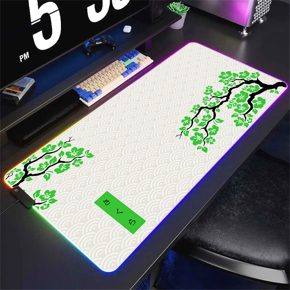 Green and White Sakura Rgb Mouse Pad Gaming Setup Accessories Computer Mat 90x40 Pc Gamer Keyboard Extended Backlight Mouse Mats