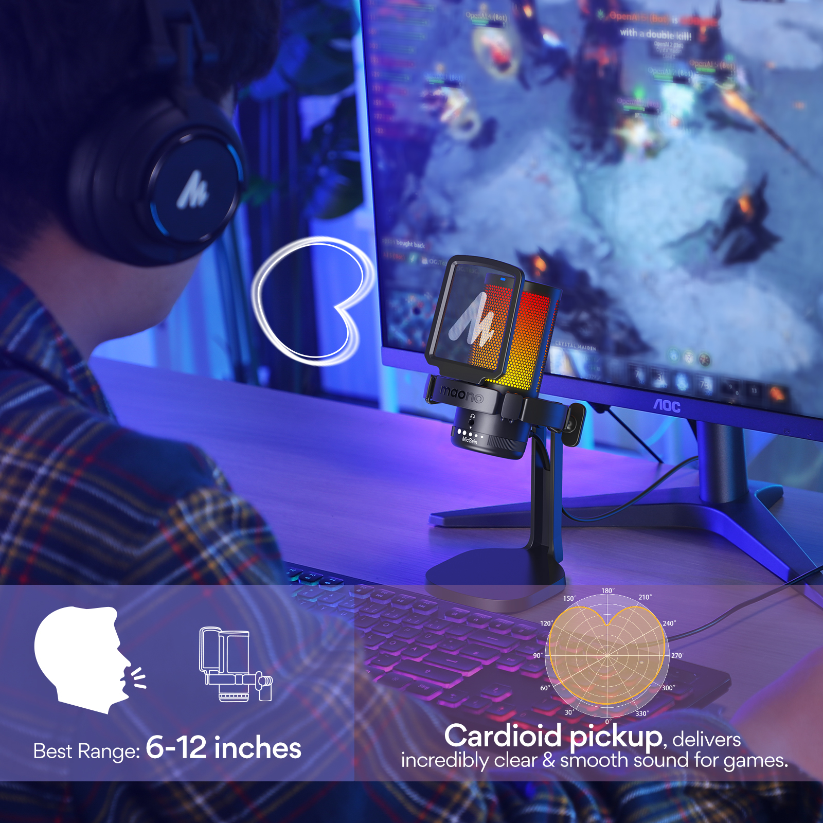 Maono DGM20 Gaming Microphone,USB Microphone Condenser Mic RGB Gaming Mic with Noise reduction software,Mic Gain,One Key Mute. 