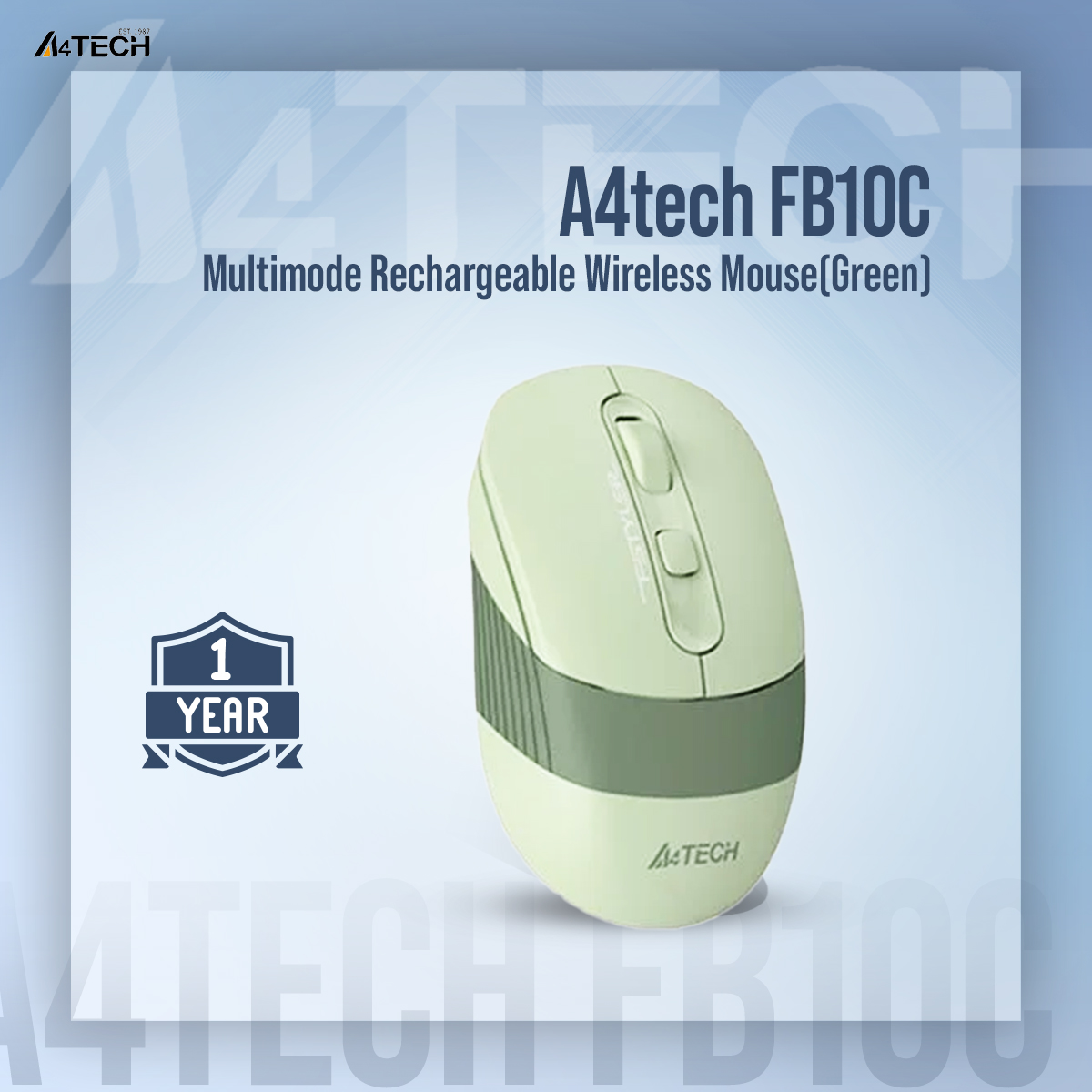 A4tech FB10C Multimode Rechargeable Wireless Mouse - Bluetooth + 2.4G - Connects upto 3 Devices - 1200 to 2400 DPI - Type C Charging - For PC/Laptop/Tablet/Smart TV - Grey/Blue/Green/Pink. 