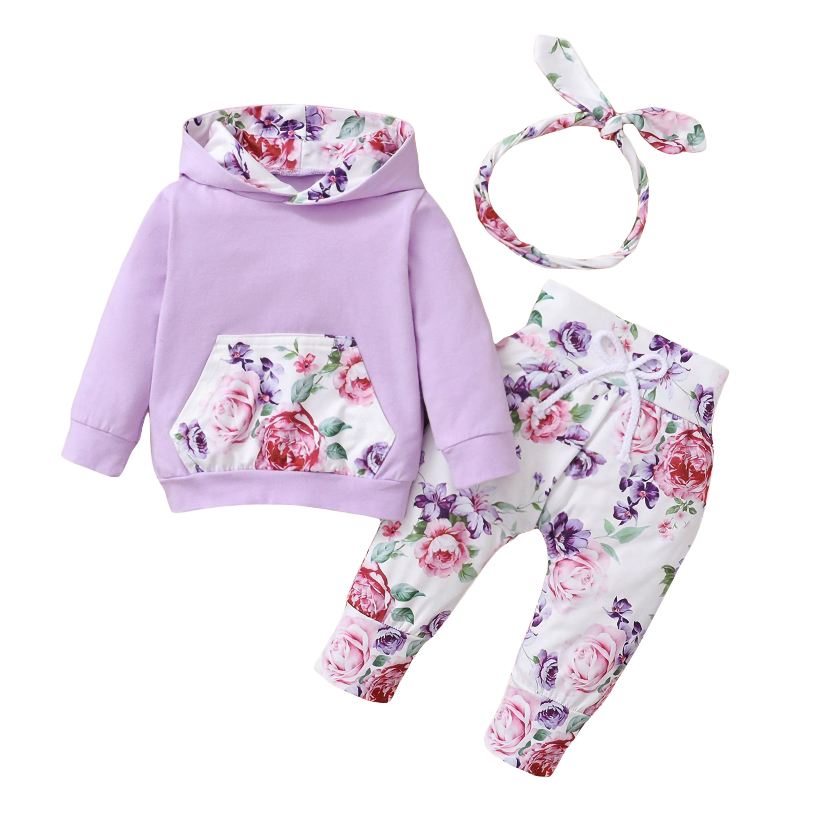 (NEW)Infant Baby Girls 3 Pieces Outfits, Long Sleeve Big Pockets Hoodies Floral Print Long Pants Headband Set