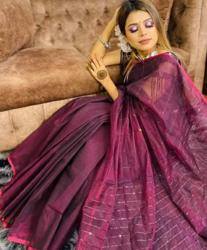 Tangail Half Chumki Silk Saree with Running blouse piece for Women - Dark Purple - Perfect for All Seasons and Occasions