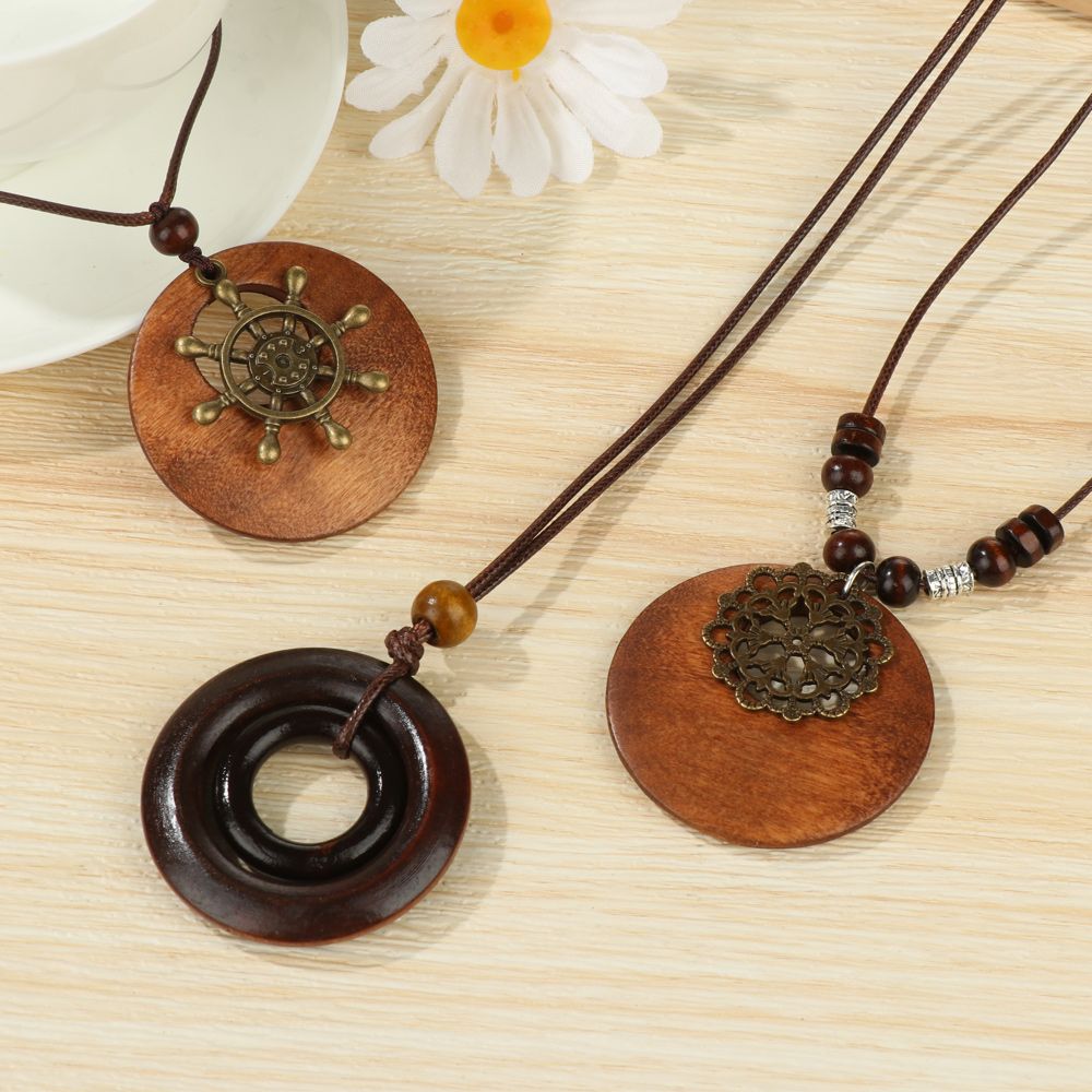 Hot Retro Ethnic Sweater Chain Round Wooden Long Sweater Necklace Vintage Clock Pendant Jewelry Neck Accessories Gifts Collar. 
